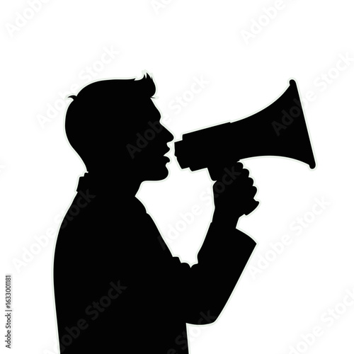 A black silhouette of a man speaking loudly into a megaphone against a white background.
