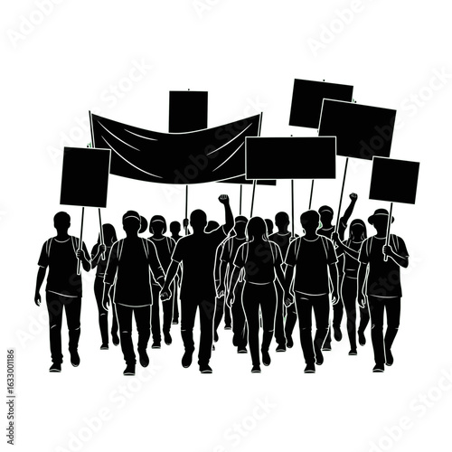 A silhouette illustration of a crowd of protestors marching together with blank signs and a large banner.