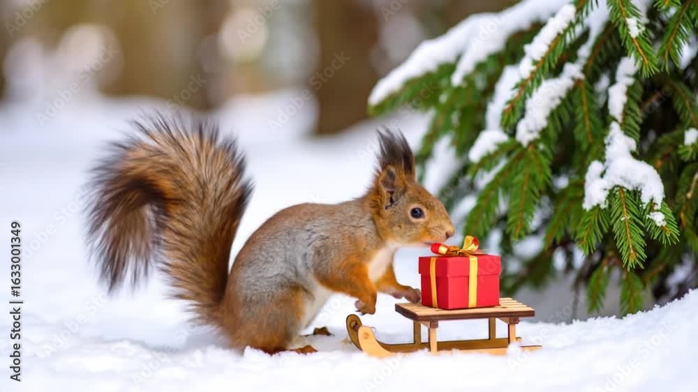 Squirrel's Winter Gift: A Festive Scene with Sleigh and Present in Snow Squirrel's Winter Gift: A Festive Scene with Sleigh and Present in Snow