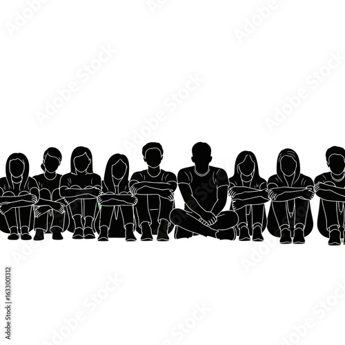 A row of black silhouettes depicting a group of young people sitting together on the ground.
