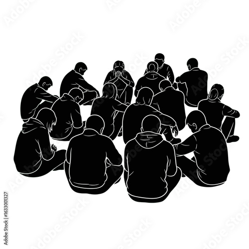 A somber group of individuals gathered in a circle, sitting on the ground in shared contemplation or grief.