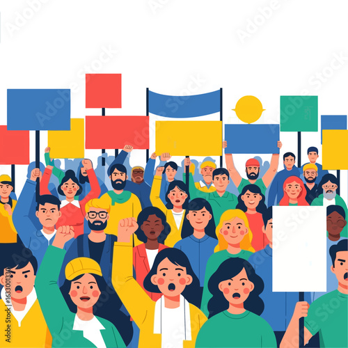 A colorful flat illustration of a diverse crowd of people protesting with blank signs and a flag.