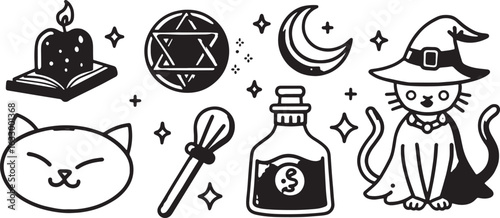 Black and white occult and mystical symbols with cats and stars magic witch