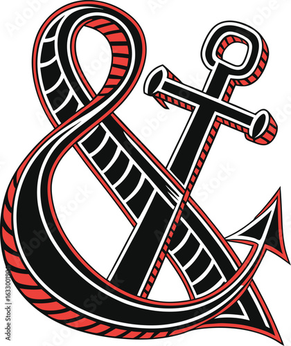 Stylized ampersand symbol intertwined with nautical anchor in black red and white maritime style vector illustration EPS file download
