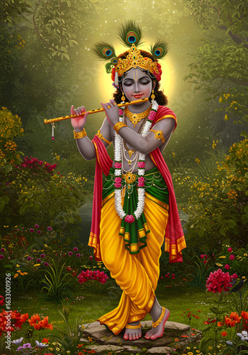 Lord Krishna Playing Flute, Peacock Feather Crown, Hindu God Illustration, Spiritual Artwork, Indian Deity, Devotional Art.