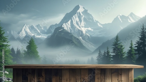 Wooden table displaying a misty mountain range.