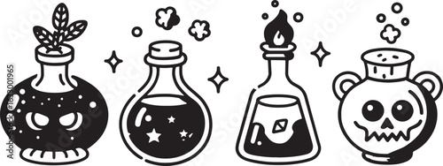 Four black and white cartoon potion bottles with spooky and magical elements Halloween