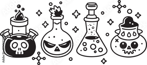 Four cartoonish black and white potion bottles with spooky faces and bubbling liquids science experiment