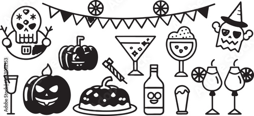 Halloween party icons with pumpkins ghost skull drinks and bunting symbols