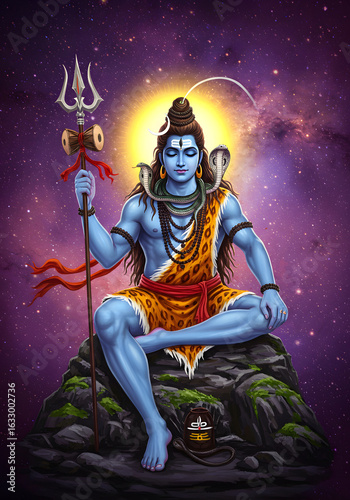Digital art of Lord Shiva, Hindu God, meditating with Trishul, Daman, snake, spiritual background