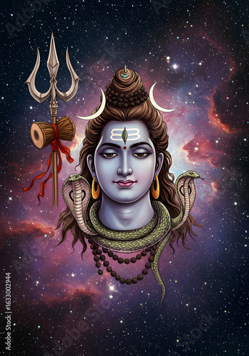 Majestic Portrait of Lord Shiva Hindu Deity, Cosmic Background, Trident and Snake Details.