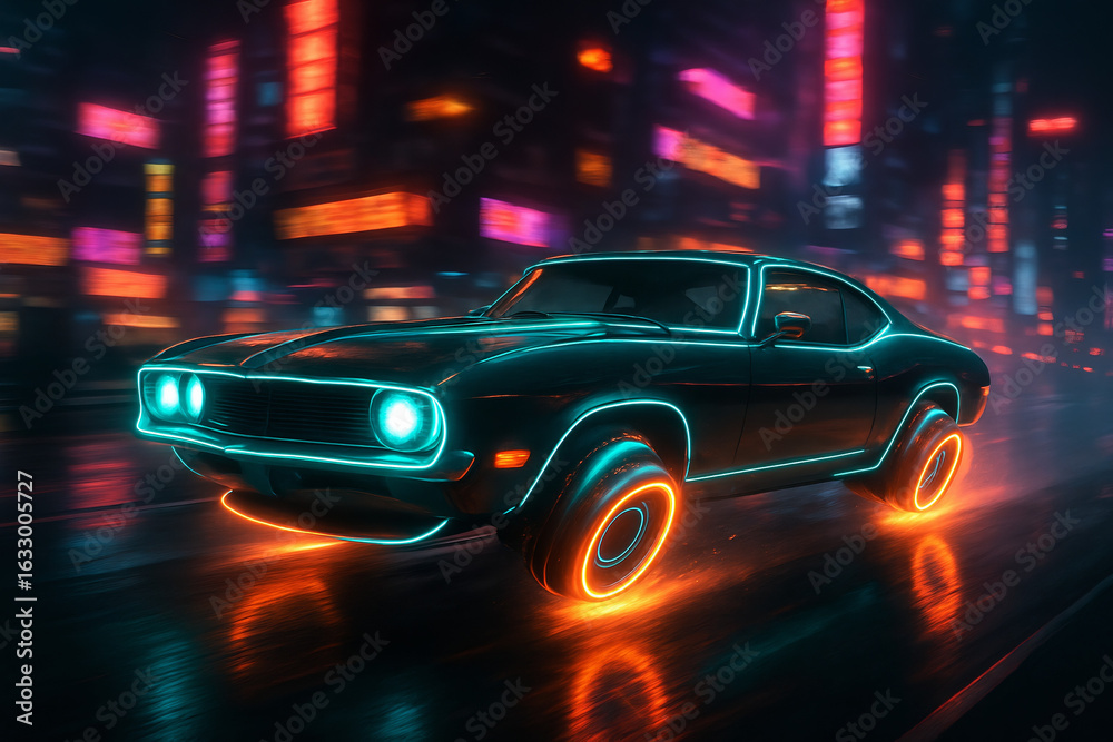 Naklejka premium Classic car with glowing neon lines driving in a futuristic city