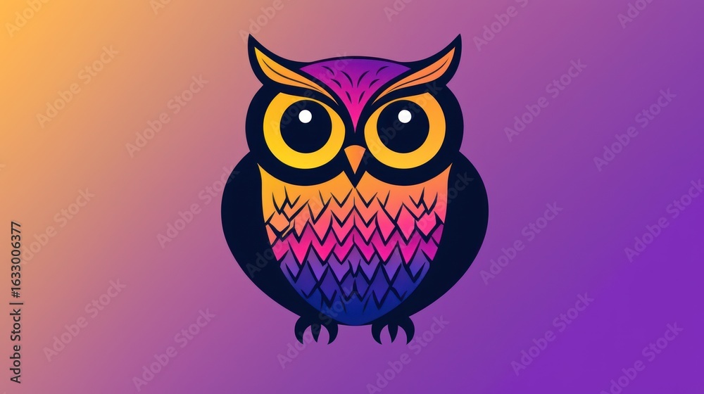 Fototapeta premium Colorful cartoon owl, vibrant gradient background, graphic design, digital art, whimsical