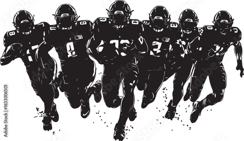 Dynamic football players charging forward in powerful unity