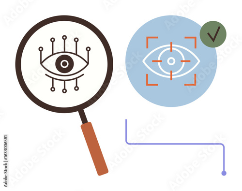 Magnifying glass over eye with circuit lines, biometric eye scan with checkmark. Ideal for technology, security, AI, innovation, authentication, research and data privacy. Simple flat metaphor