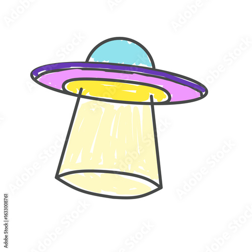 Children's style colored pencil hand drawn UFO set. Vector illustration 