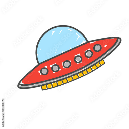 Children's style colored pencil hand drawn UFO set. Vector illustration 