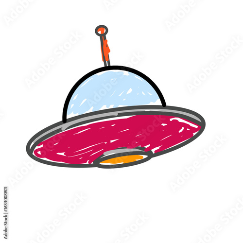 Children's style colored pencil hand drawn UFO set. Vector illustration 