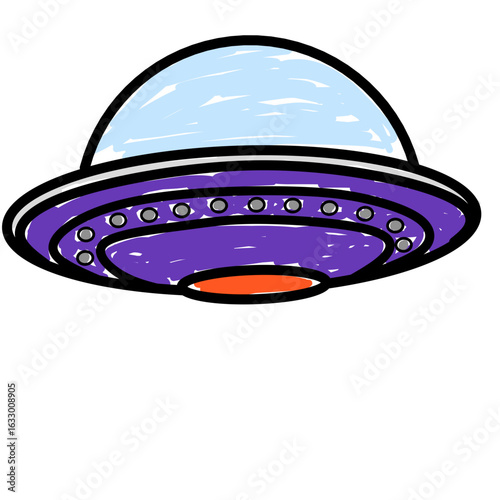 Children's style colored pencil hand drawn UFO set. Vector illustration 