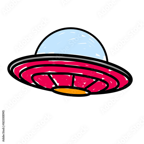 Children's style colored pencil hand drawn UFO set. Vector illustration 