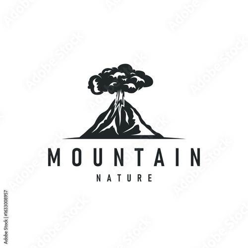 Volcano logo concept with black silhouette of erupting mountain, nature design and illustration template for brand or poster
