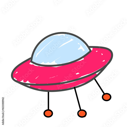 Children's style colored pencil hand drawn UFO set. Vector illustration 
