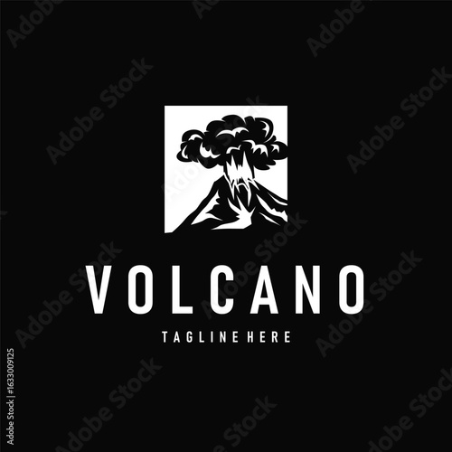 Volcano logo concept with black silhouette of erupting mountain, nature design and illustration template for brand or poster