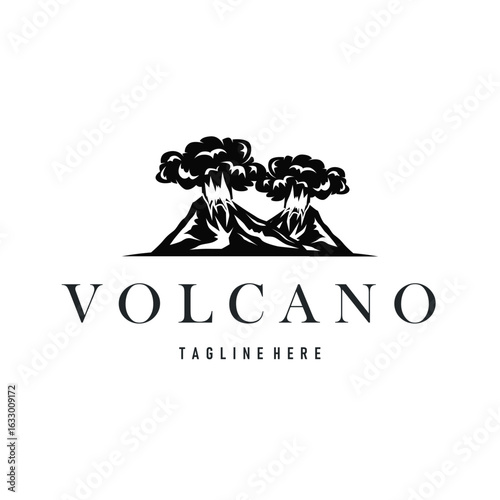 Volcano logo concept with black silhouette of erupting mountain, nature design and illustration template for brand or poster