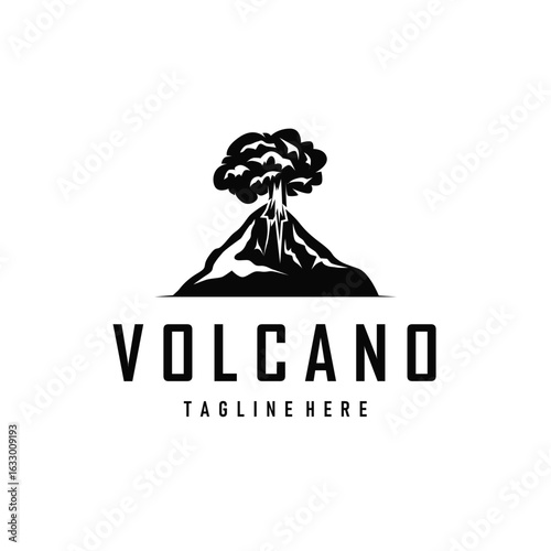 Volcano logo concept with black silhouette of erupting mountain, nature design and illustration template for brand or poster