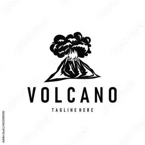 Volcano logo concept with black silhouette of erupting mountain, nature design and illustration template for brand or poster