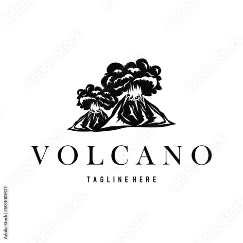 Volcano logo concept with black silhouette of erupting mountain, nature design and illustration template for brand or poster