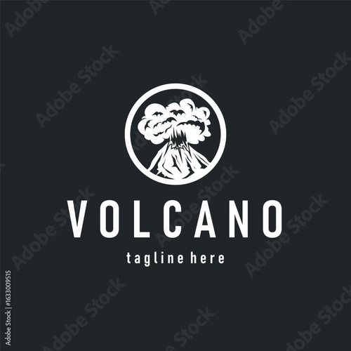 Volcano logo concept with black silhouette of erupting mountain, nature design and illustration template for brand or poster
