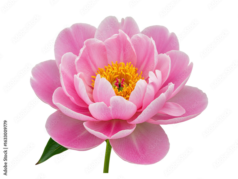 Obraz premium Close up of a beautiful pink peony flower with yellow stamens and green stem isolated on transparent background