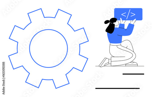 Developer working with coding sign next to a large gear, symbolizing technology, collaboration, and creativity. Ideal for web development, teamwork, problem-solving, engineering, innovation
