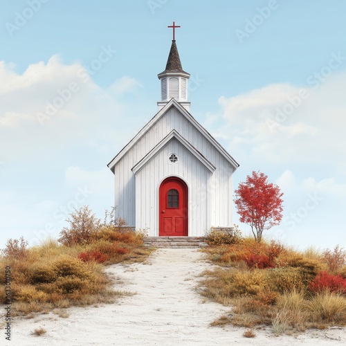 White Wooden Church on Autumn Hilltop under Clear Sky
