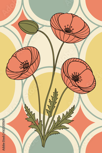 Retro 70s-style mod circles filled with flat poppy flowers, vector background 
