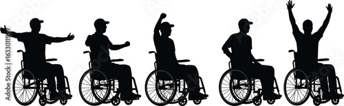 Silhouettes of happy men in wheelchairs expressing emotions, celebration, movement, inclusion, isolated on white background, disability awareness concept.