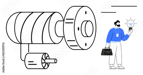 Engineer holding a glowing lightbulb next to a simplified large machinery part. Ideal for innovation, engineering, creativity, mechanical processes, technology, problem-solving, industrial design