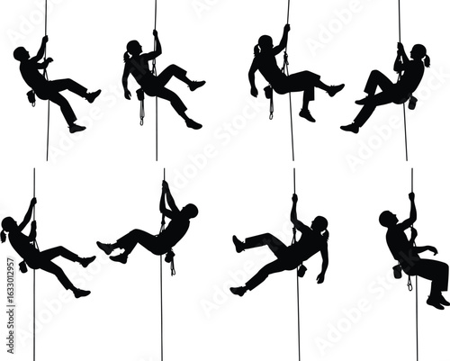 Silhouettes of people rappelling down a cliff face showcasing various dynamic poses and movements