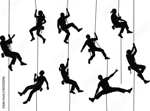 Diverse group of silhouetted individuals rappelling down a vertical surface on ropes against a white background