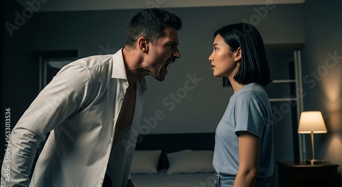 Tense confrontation between a man and woman in a dimly lit room as emotions run high during a heated argument