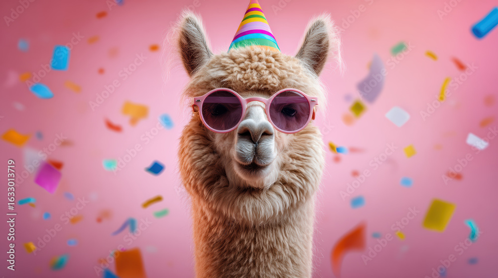 Fototapeta premium Funny pastel llama alpaca sunglasses and birthday cap with confetti