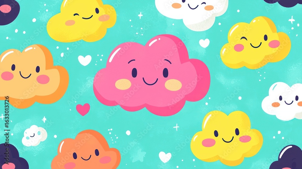 Fototapeta premium Cute clouds pattern, colorful, happy, whimsical, background, kids, children, fun, joyful