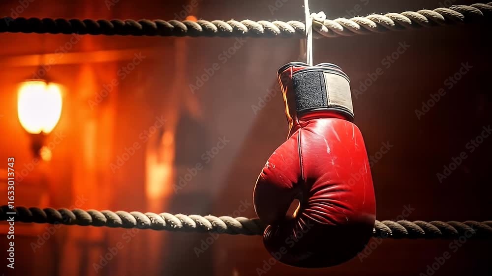 dramatic spotlight intro cinematic red boxing glove hanging in dark ring