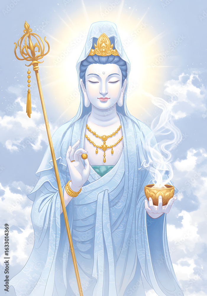 Obraz premium Serene Digital Art of Quan Yin, Buddhist Goddess, Surrounded by Clouds, Incense, and Halo.