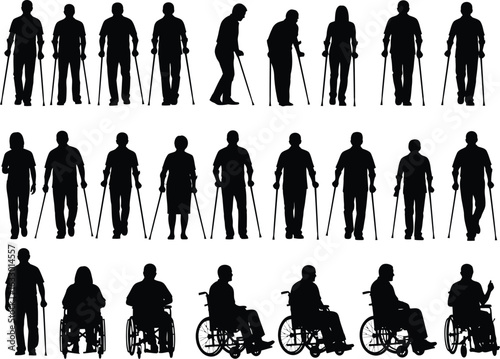 Diverse group of people of varying ages and abilities including elderly individuals using walkers and wheelchairs in silhouette