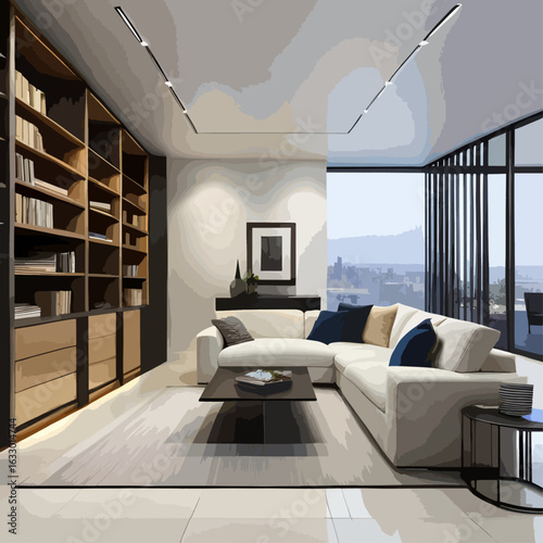 Spacious, modern living room featuring a sectional sofa,  built-in shelving, and a city view from large windows.  Neutral color tones create a calming and stylish atmosphere.