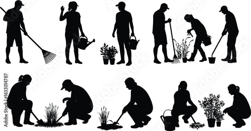 Silhouettes of people gardening, planting, watering plants, raking leaves, teamwork outdoors, nature care, gardening tools, healthy lifestyle, green environment.