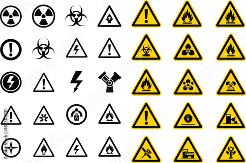 Collection of various safety warning hazard symbols and danger signs on a white background with a yellow border