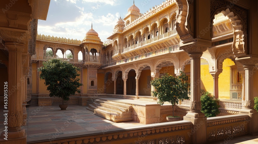 Fototapeta premium Majestic Indian Palace Courtyard: Architectural Marvel